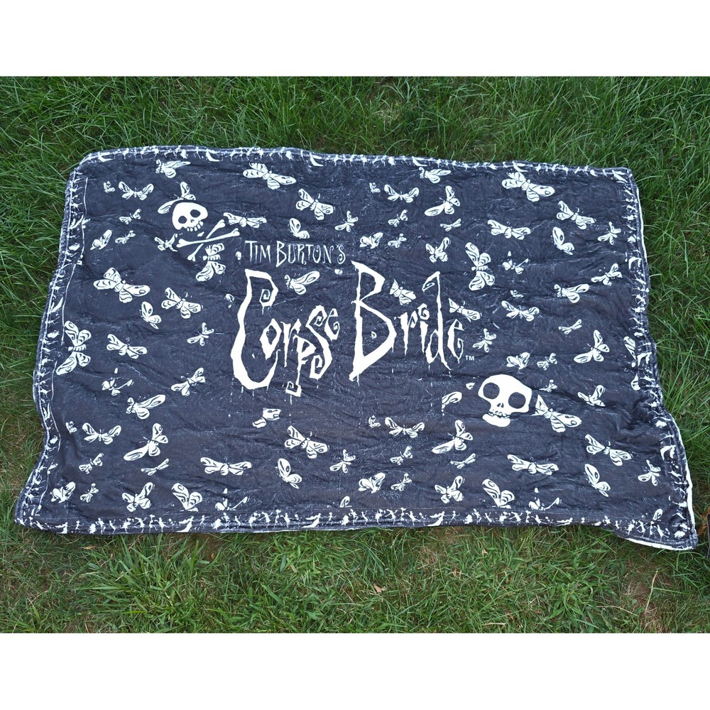 Tim Burton's Corpse Bride Throw Blanket Black White Butterfly Skull 40x60 NWT